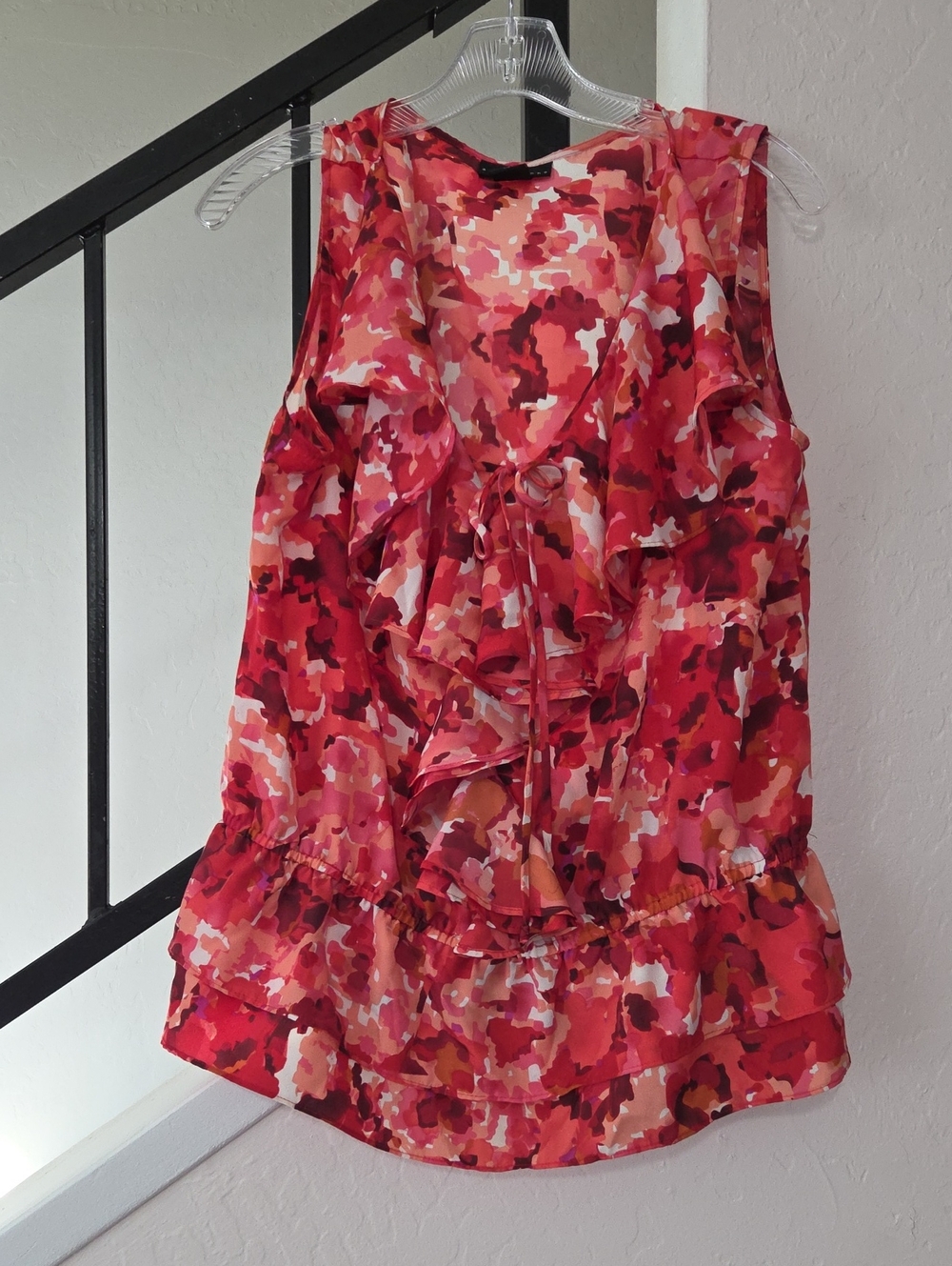 Apostrophe Red Pink Floral Ruffle Tie Sleeveless Blouse